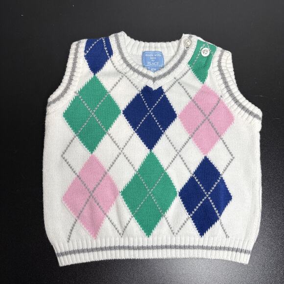 Children’s Place Argyle Sweater Vest Easter Pastels 100% Cotton Size 6-9 Months - Picture 1 of 6